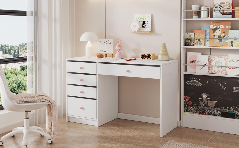 Merax Schreibtisch mit 5 Schubladen, Rosa Keramikgriffen, Kinderschreibtisch, Computertisch, Schminktisch, Bürotisch, Arbeitstisch, 120×45×74 cm, Weiß