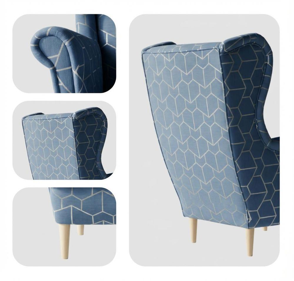 Ohrensessel mit Hocker ARI Design – skandinavisches Set, Velours-Print Blau, Family Meble