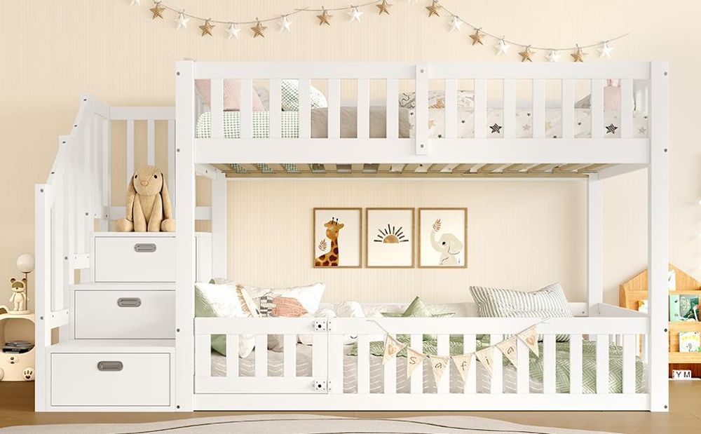 Merax Etagenbett 90x200 cm, Stockbett mit Zaun und Lagertreppe, Kinderbett, Jugendbett, ideal für Kinderzimmer, Kiefer, Massivholzbett, Weiß