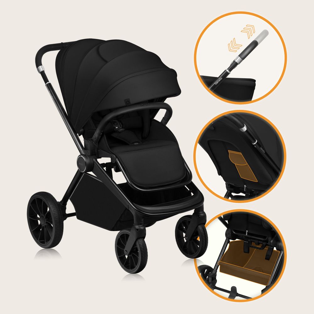 Lionelo Mika Plus Universal-Buggy bis zu 22kg Hohe Manövrierfähigkeit XXL-Verdeck mit UPF50+ Black Onyx