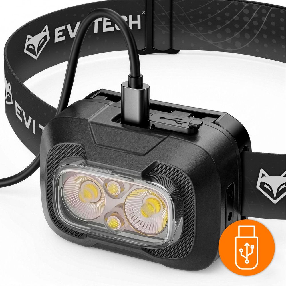 EVI TECH WaveBeam 300 LED Stirnlampe Schwarz Akku USB-C Bewegungssensor 300lm Wasserdicht IP55 Kopflampe mit Rotlicht Outdoor Laufen Camping