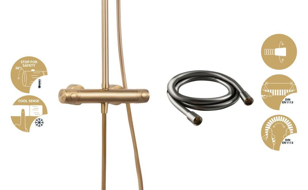 Mattgoldenes Thermostat-Duschsystem mit Brauseschlauch und Symbolen für Sicherheit