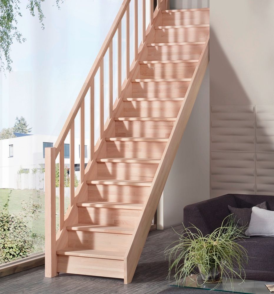 Holztreppe Intercon Casablanca | Buche | gerader Verlauf | 80 cm Breite | einseitiges Geländer | mit Setzstufen | Stiege