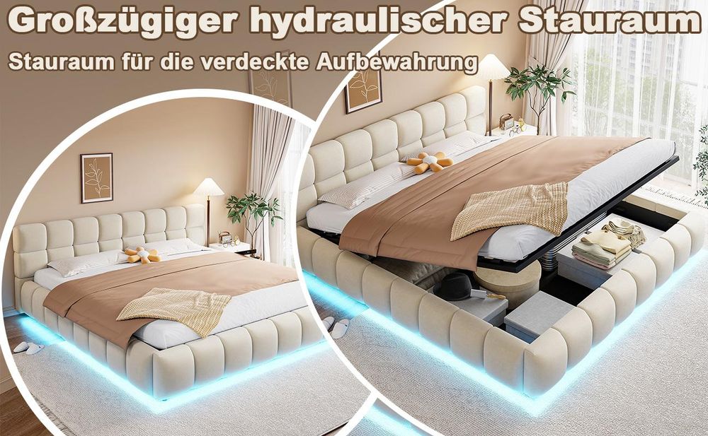 okwish Polsterbett 180×200 mit LED und App-Steuerung, Jugendbett mit Bettkasten undgepolstertem Kopfteil,Doppelbett Beige,ohne Matratze