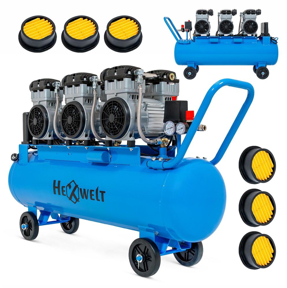 Compresseur sans huile HW-KBO-6T-100L - 100 L, 6 cylindres, 576 l/min, 8 bar, 3,3 kW, 230 V, cylindres en fonte, mobile pour atelier et industrie