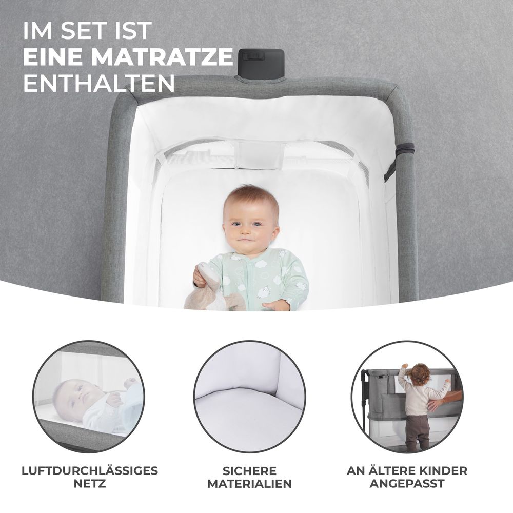Kinderkraft NESTE GROW - 3-in-1 Beistellbett - höhenverstellbar - 2-stufige Neigung - für Babys bis 2 Jahre - inkl. Matratze - Beige