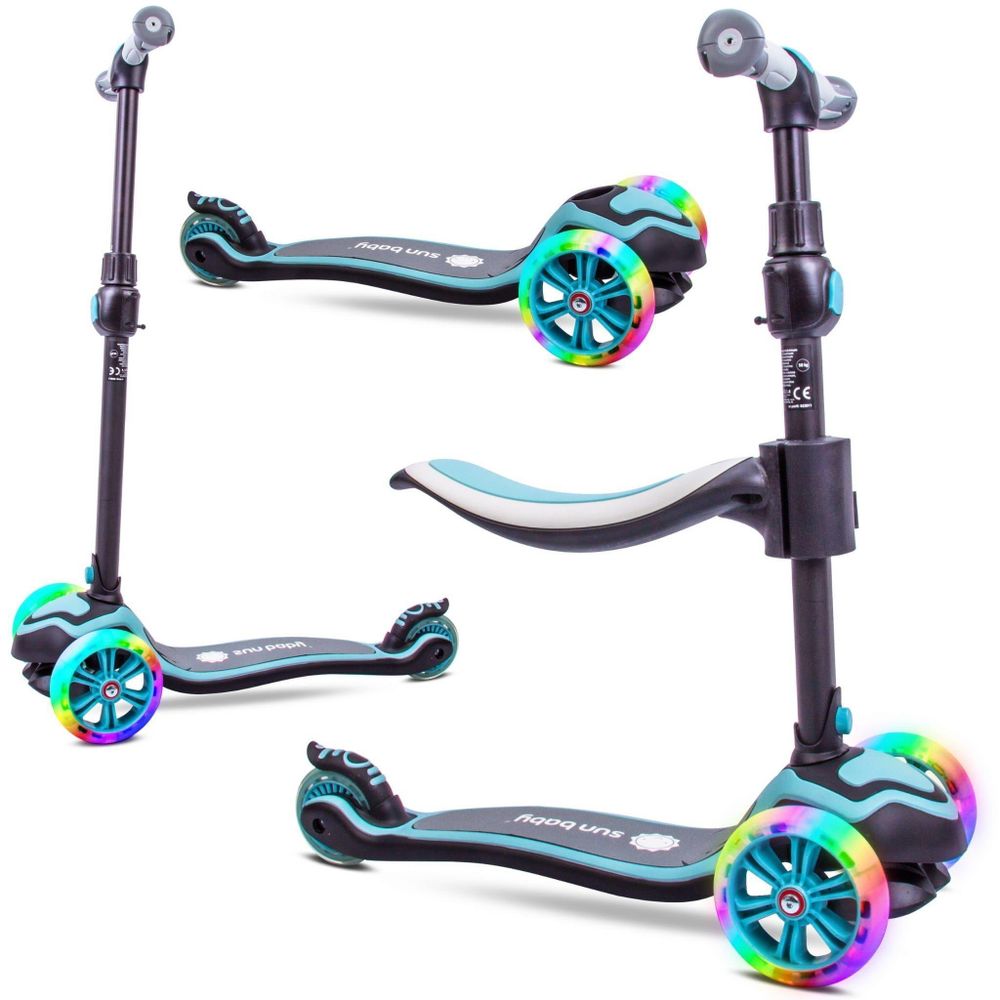 Patinete infantil SUN BABY en tres configuraciones diferentes: con asiento, sin asiento y como tabl…