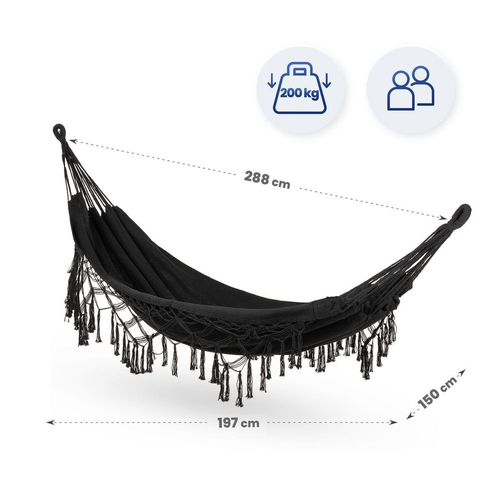 Maße schwarze Hängematte: 288x150 cm, 200 kg Belastbarkeit, für 2 Personen