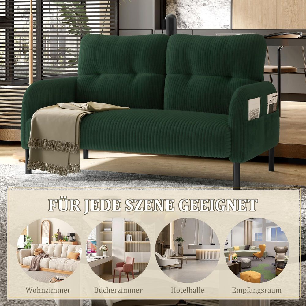STILVORA Zweisitzer Relaxsofa mit Hohe Rückenlehne und Seitentaschen,Sofa mit Armlehnen und Metallfüße,Polstermöbel Loungesofa mit Cord-Material,Grün