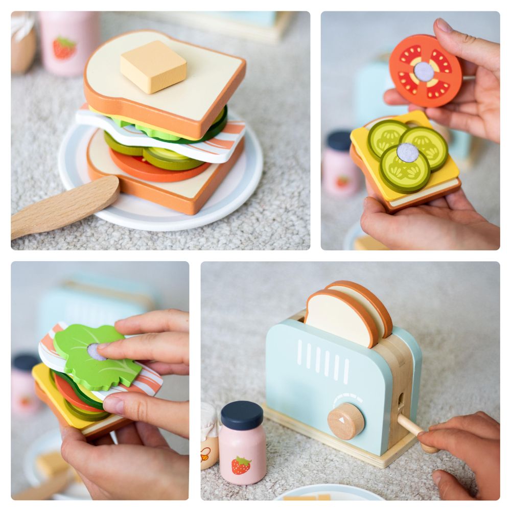 Holz-Toaster für Kinder mit Toastbrot, Sandwich-Zutaten und Zubehör für die Kinderküche
