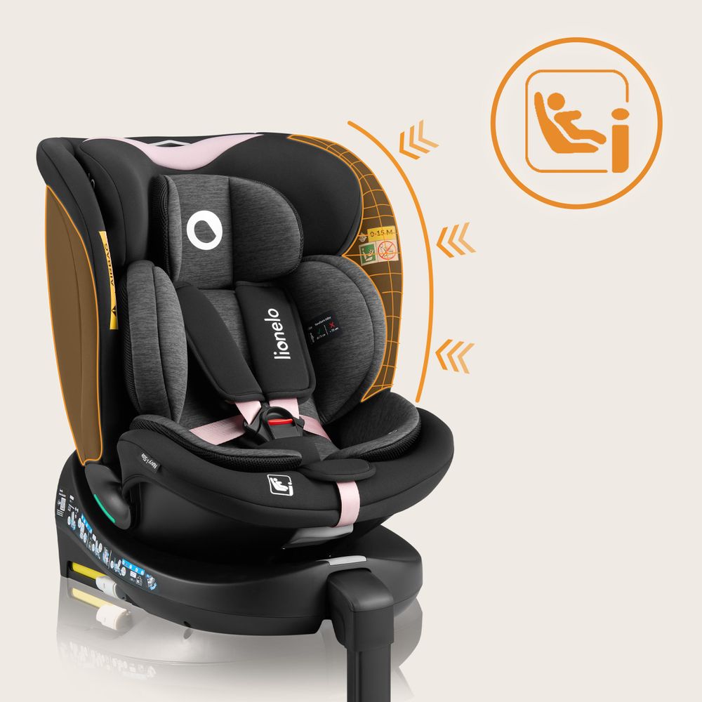 Lionelo Kindersitz Navy i-Size 360° EasyTurn-Drehbasis, 40-150 cm, Montage mit ISOFIX und einem Stützfuß, R129-Norm - Schwarz Rosa