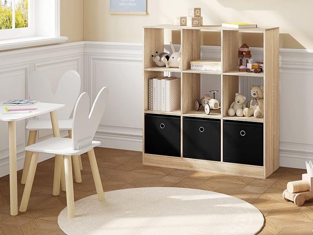 WOLTU Bücherregal Standregal, mit 9 Fächern 3 Schubladen, aus Vliesstoff, Eiche