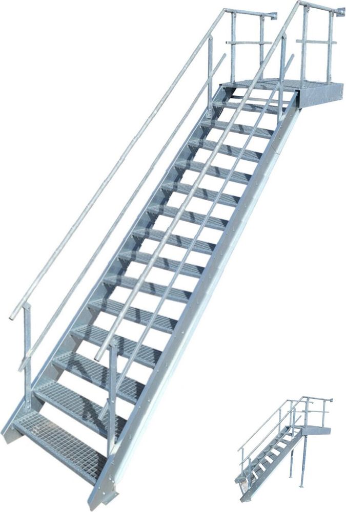14 Stufen + Podest Stahltreppe mit beids. Geländer / Stufenbreite 100cm / Geschosshöhe 250-320cm