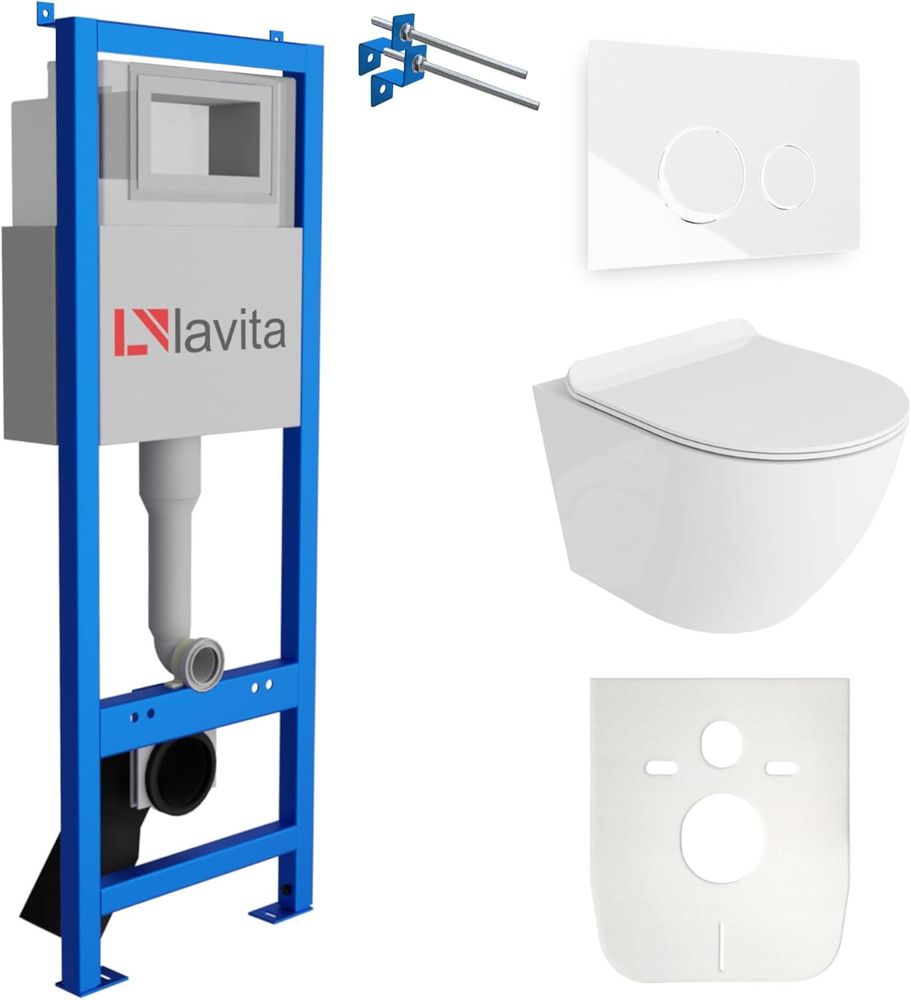 Lavita LAV 101 Vorwandelement für WC 40cm + Wand Hänge Tiefspül WC SOFI SLIM Weiß Spülrandlos + Bedienplatte LAV 200.4.1 Weiß | Komplettset | Unterputz Spülkasten | Toilette Komplett Sett