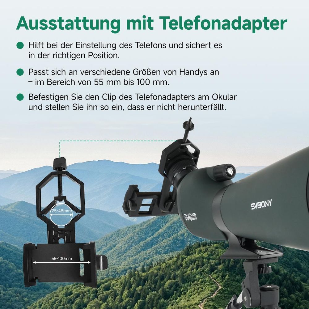 Svbony SV28A Spektiv, 100mm Großer Durchmesser, 25-75X-Monokulare Ferngläser, mit Handyhalterung Tragetasche für Tierbeobachtung, Sportschützen