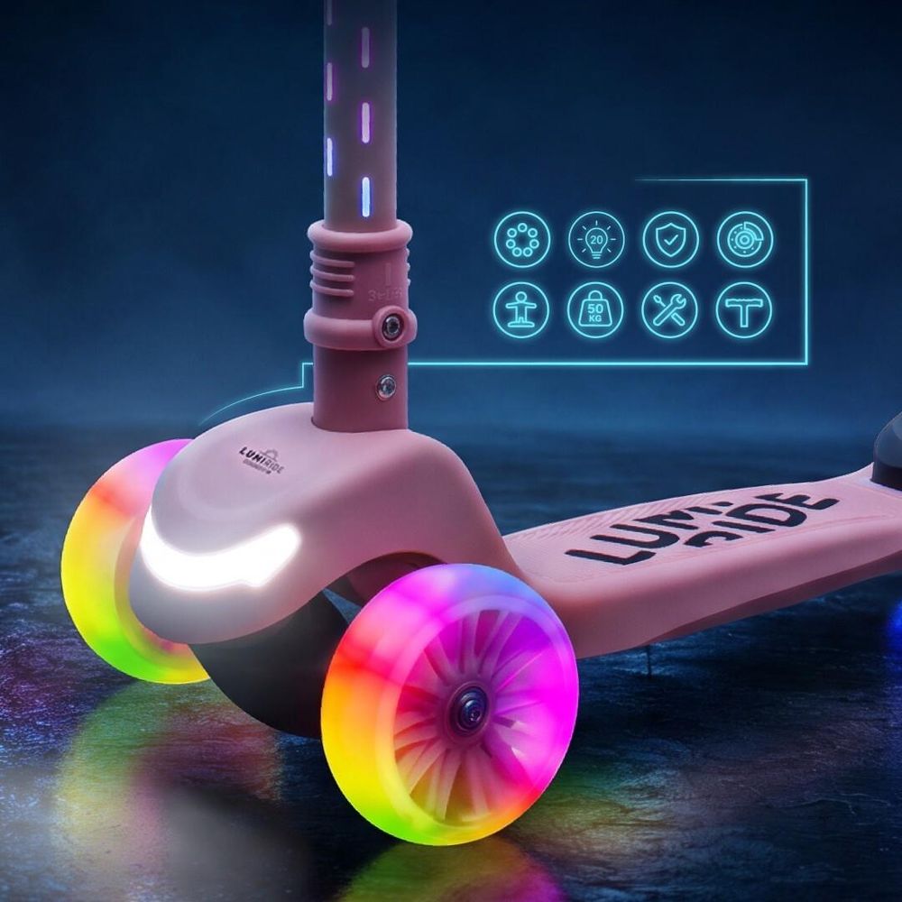 Primer plano de las ruedas delanteras LED del patinete SUN BABY LUMI RIDE.