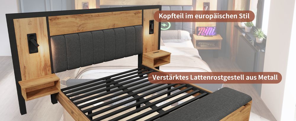MODFU Doppelbett Holzbett 160×200cm mit Gepolstertes Kopfteil, Bettanlage mit Leselampe und USB C Nachttisch und Sitzbank mit Stauraum, Bettgestell mit Lattenrost, Eiche(Ohne Matratze)