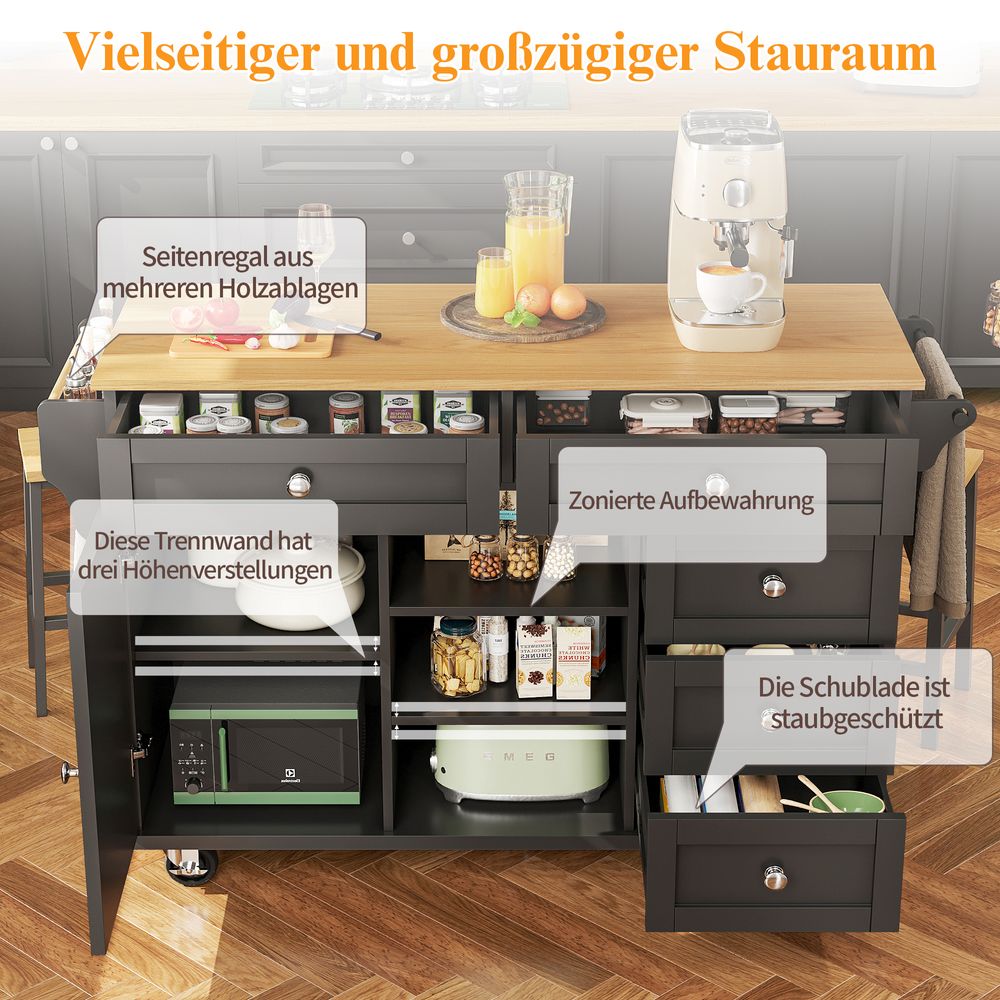 Flieks Servierwagen Küchenwagen mit Rollen & Holzbeinen, Kücheninsel Küchentrolley mit Verstellbaren Regalen, Küchenschrank Speisewagen, Schwarz