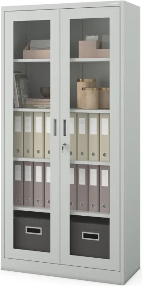 Aktenschrank Medizinschrank Büroschrank Flügeltürschrank Glasvitrine 4 Fachböden Stahl Abschließbar 185 cm x 90 cm x 40 cm Farbe: Grau