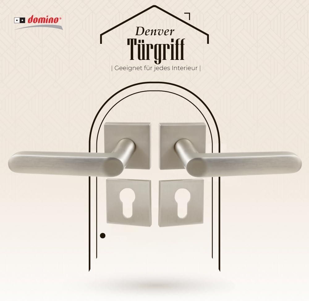 DOMINO Türgriff Drückergarnitur PZ - Profilzylinder Set | quadratische Rosette | Türklinke für Zimmertür, Bürotür, Kellertür & Innentür| Türbeschläge aus Aluminium| Satin Nickel Türdrückergarnitur | DENVER-QR SLIM SN