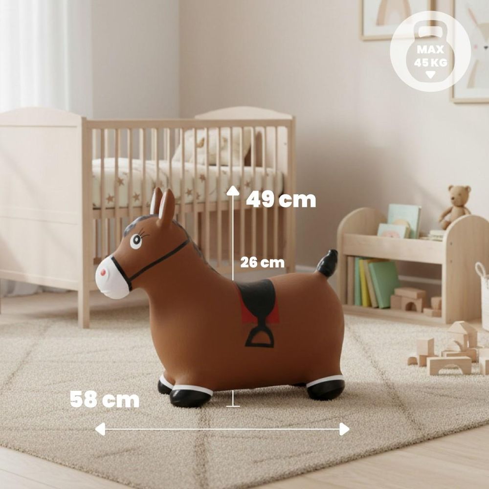 Bruin springdier met afmetingen in een kinderkamer