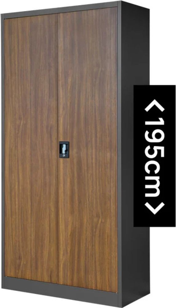 Aktenschrank Büroschrank Metallschrank Stahlschrank Werkzeugschrank Stahlblech Pulverbeschichtet Flügeltürschrank Abschließbar 195 cm x 90 cm x 40 cm Farbe: Anthrazit/Holzoptik