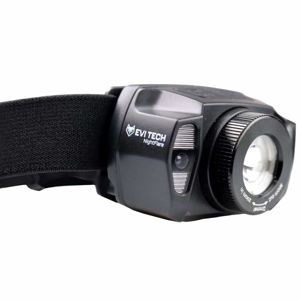 LED čelovka dobíjecí, 360 lm čelovka s ovládáním gesty a zoomem, červené světlo a vodotěsnost IPX4, 1800 mAh baterie, EVI TECH NightFlare