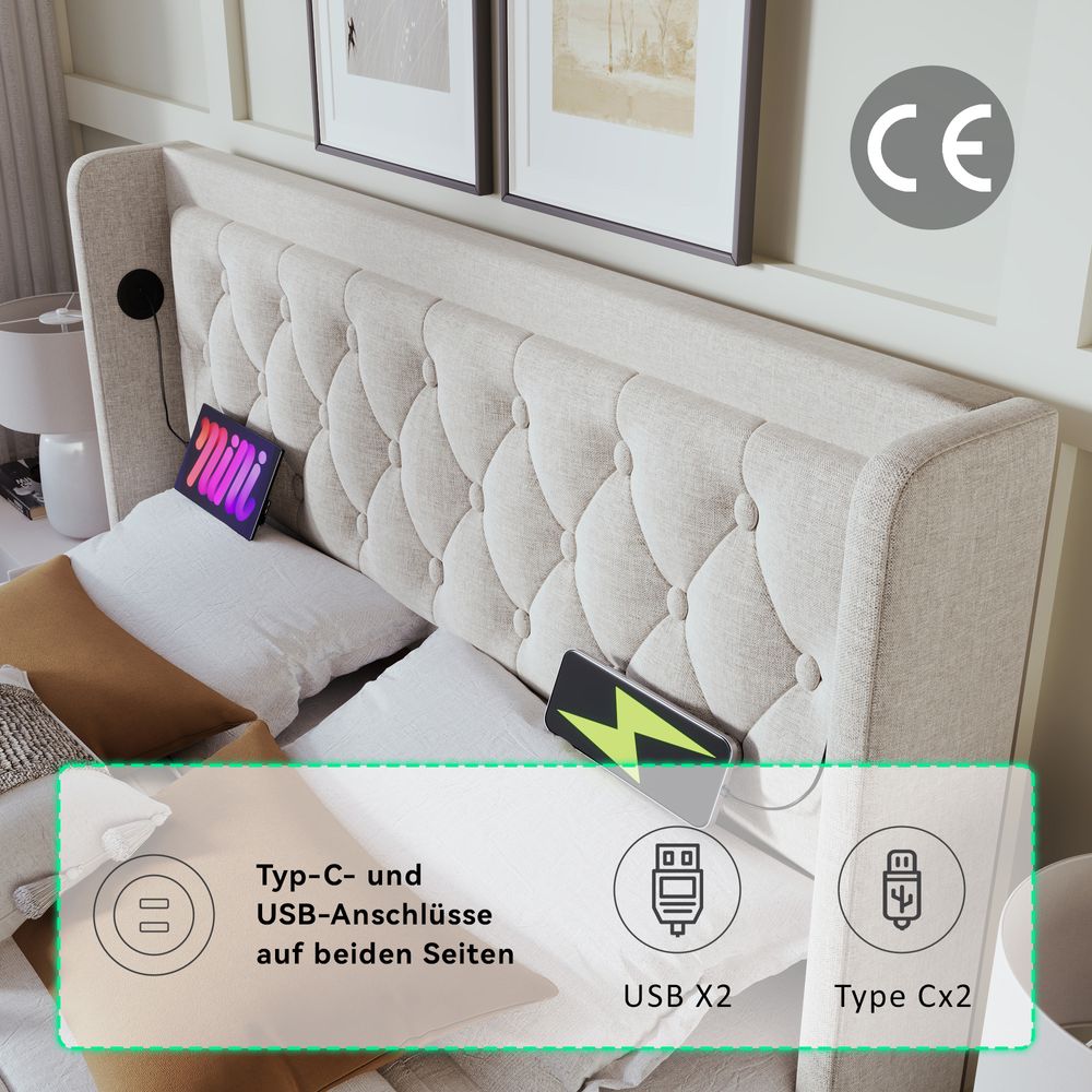 Flieks Polsterbett 160x200cm mit USB & Typ-C, Doppelbett Jugendbett mit LED, Hydraulisches Stauraumbett Boxspringbett mit Lattenrost, Baumwolle, Beige
