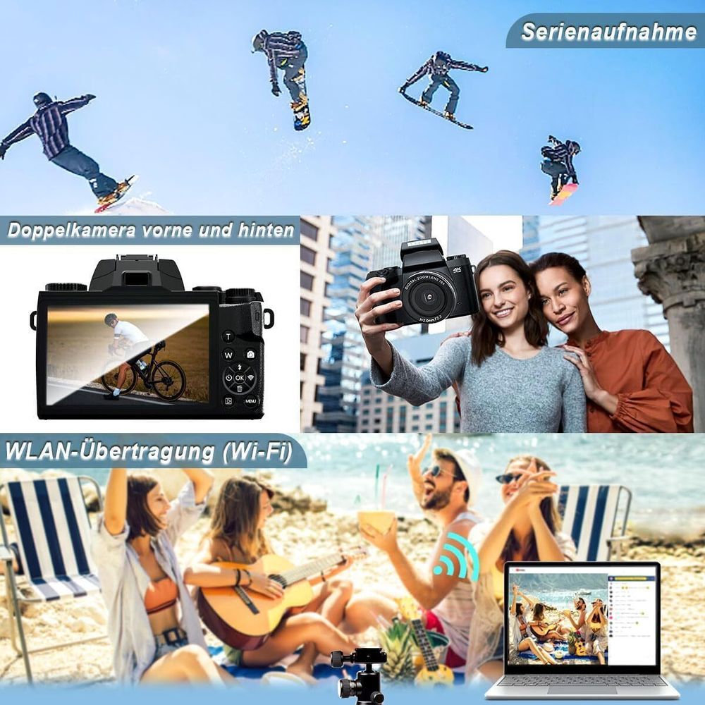Fine Life Pro W5 Digitalkamera 64MP Kompaktkamera Superzoom-Kamera, Mit Front- und Rückkamera, 32GB Speicherkarte und Handtasche