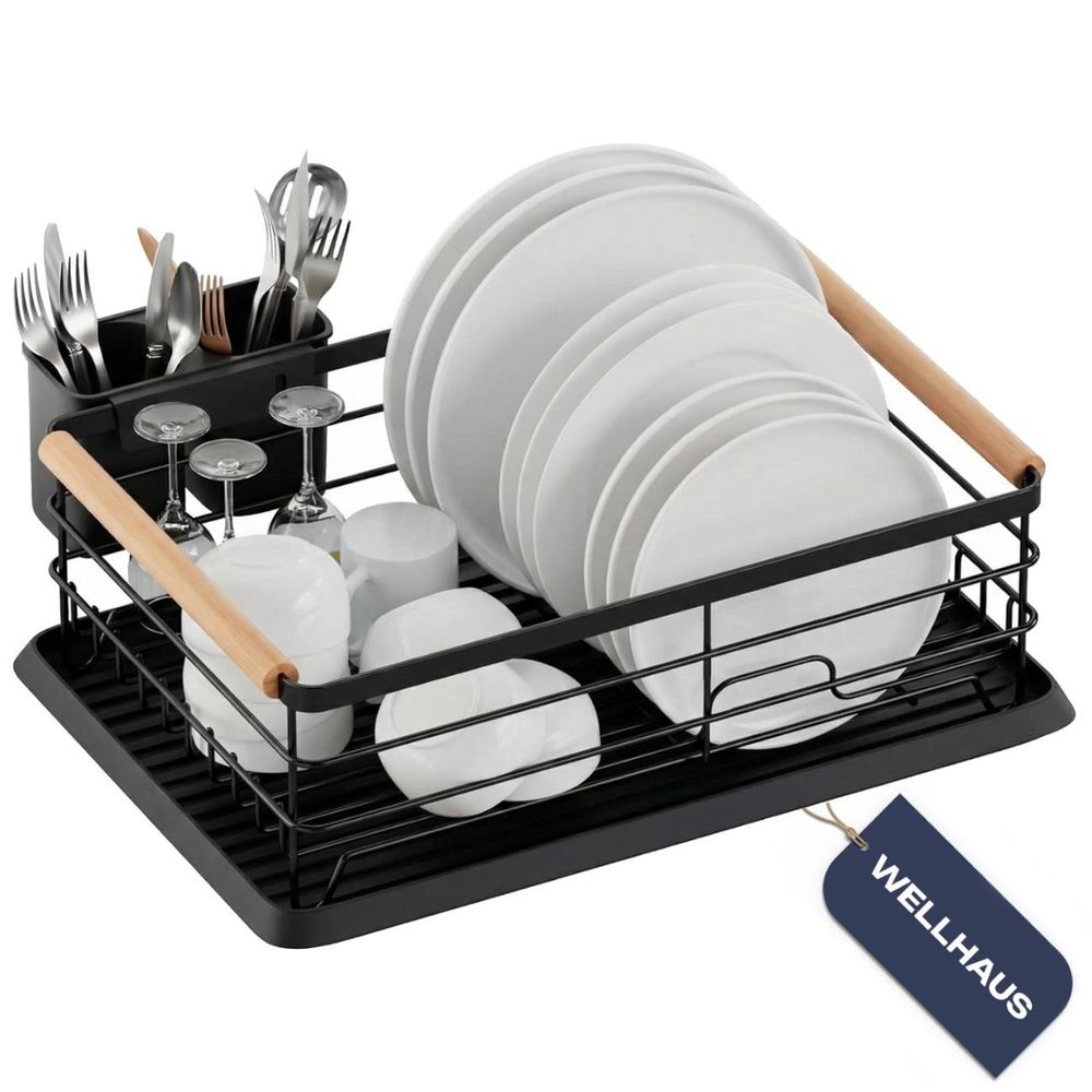 WELLHAUS Abtropfgestell Geschirr mit Abtropfschale, Metall Geschirrabtropfgestell, Abtropfgestell für Spülbecken mit Abtropffläche und Drehbarem Auslauf, 43x30,5x14, Schwarz