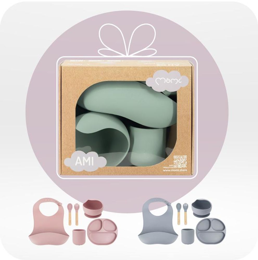 MoMi AMI – 6-teiliges Baby-Geschirrset aus Silikon, BPA- & , mit Buchenholz & Lätzchen, ab 6 Monaten – Grün