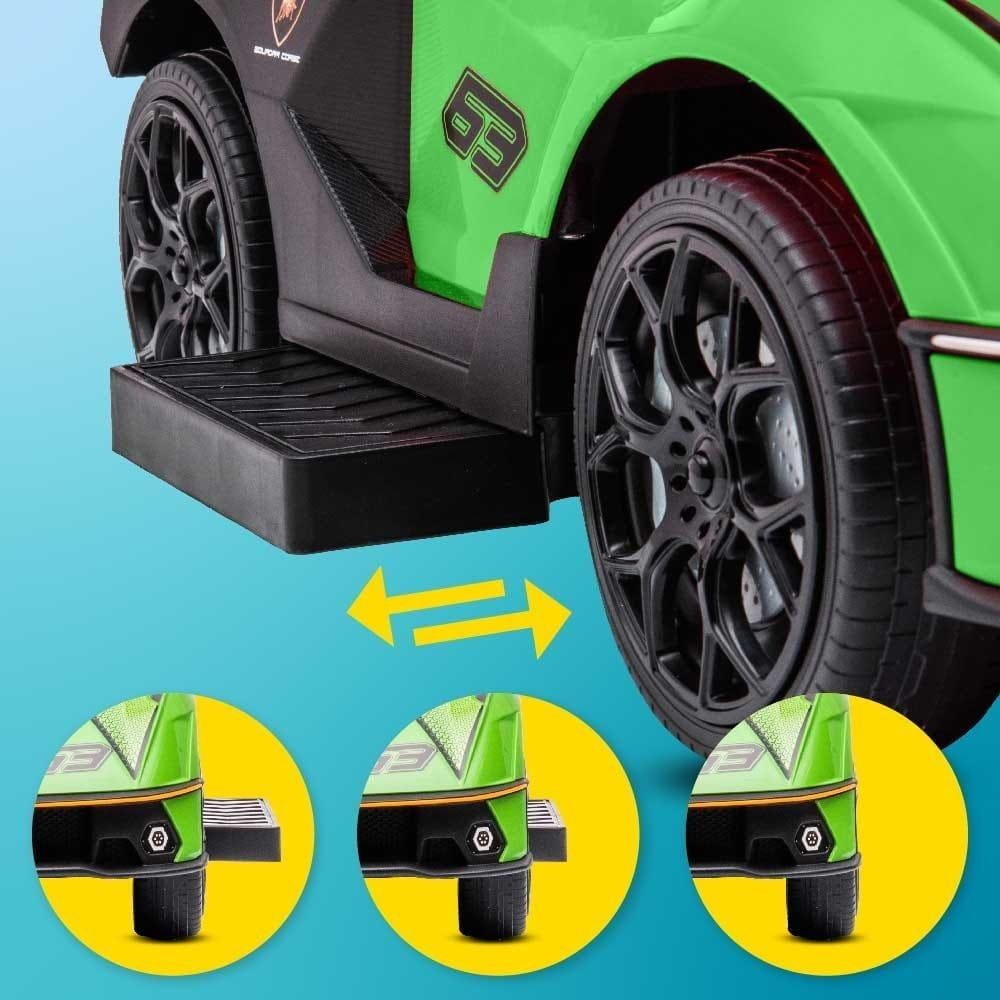 Detail van de uitschuifbare voetsteunen aan de zijkant van de loopauto.