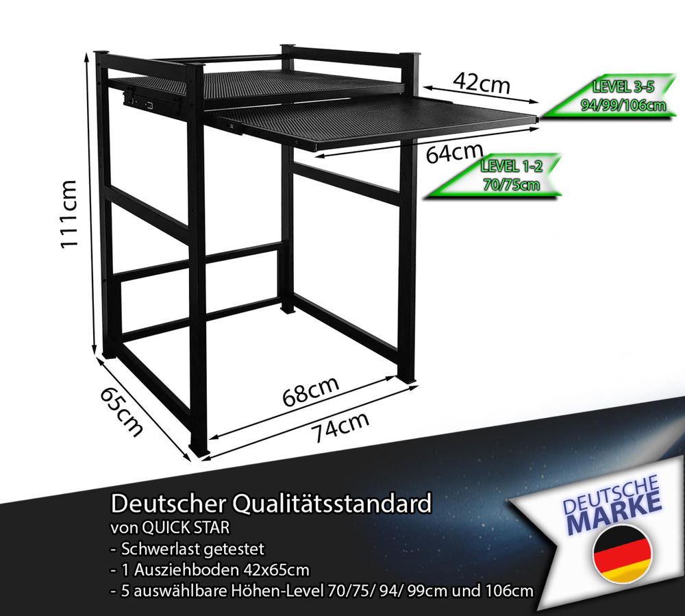 Schwarzes Waschmaschinenregal mit Auszug, 5 Höhen, bis 400
