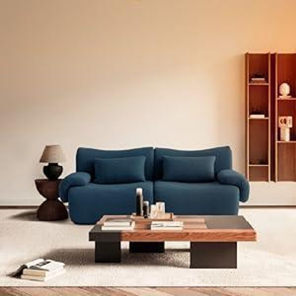 MILYSOFA SOFATIME – třímístná modulární rohová pohovka s lehátkem, jemná bouclé látka, tmavě modrá