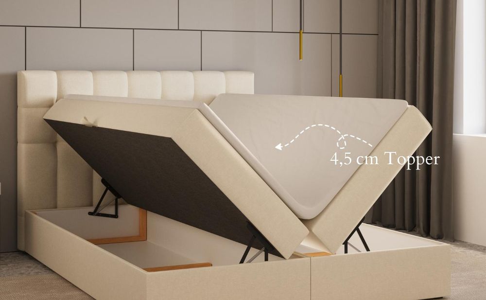 Kontinentalbett, Boxspringbett, Bett mit bettkasten, Bonell-Matratze und Topper, Doppelbett - Boxspringbett 05 - 140x200 - Schwarz - Hugo 100