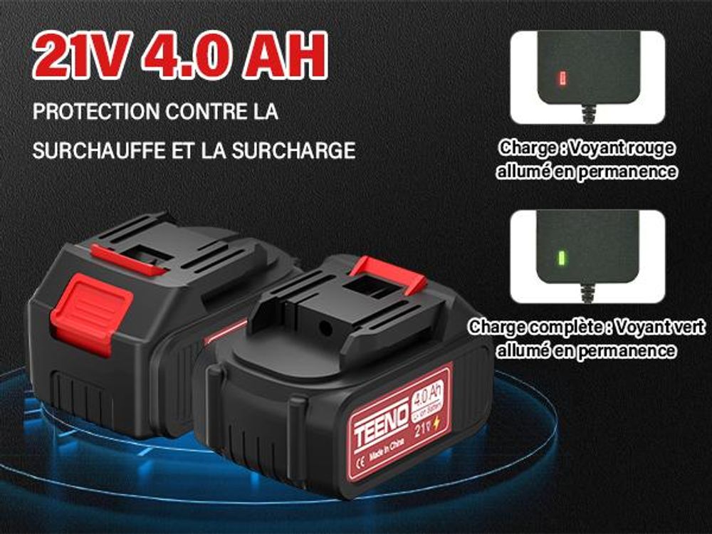 TEENO Souffleur de Feuilles Rechargeable, 21 V, 4,0 Ah, 6 Modes de Vitesse, Vitesse du Vent jusqu'à 210 km/h, Tuyau de soufflage Amovible