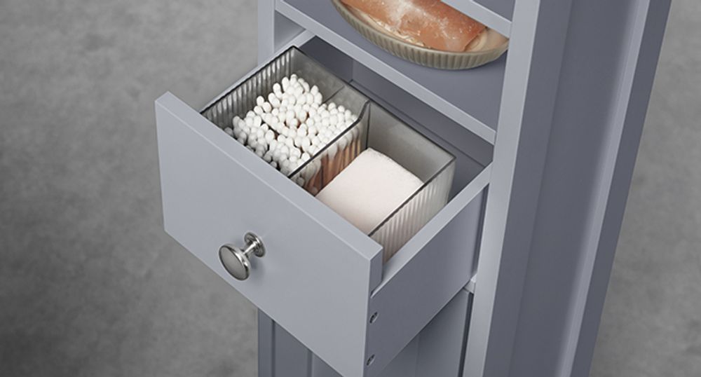 VASAGLE Badezimmerschrank, Badschrank, hoch, schmaler Aufbewahrungsschrank, mit verstellbaren Ablagen, Schublade, offenen Fächern