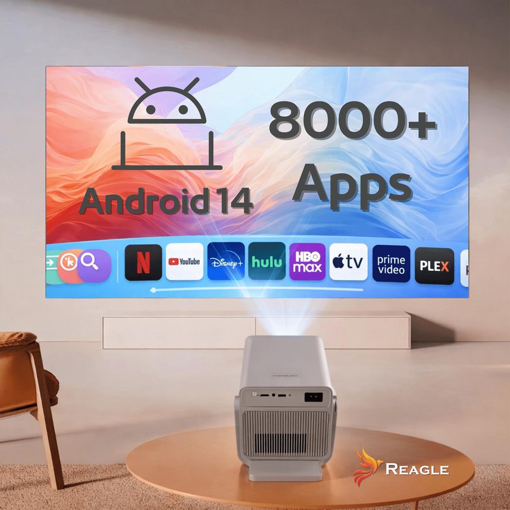LED Beamer Tragbarer Projektor 1000 ANSI 8K Support Full HD 130" Android 14 Smart TV WiFi 6 Bluetooth Autofokus Kurzdistanz 180° drehbar Heimkino REAGLE