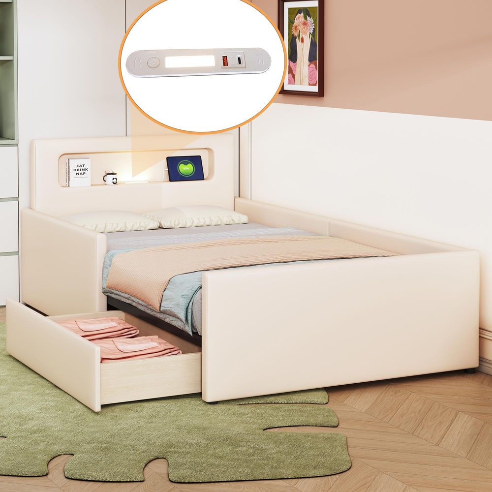 STILVORA Jugendbett 90×200 Kinderbett Einzelbett mit Ablagefächern und Rausfallschutz,Bettgestell mit Nachtlicht und USB-Ladeanschluss,Ohne Matratze,Beige