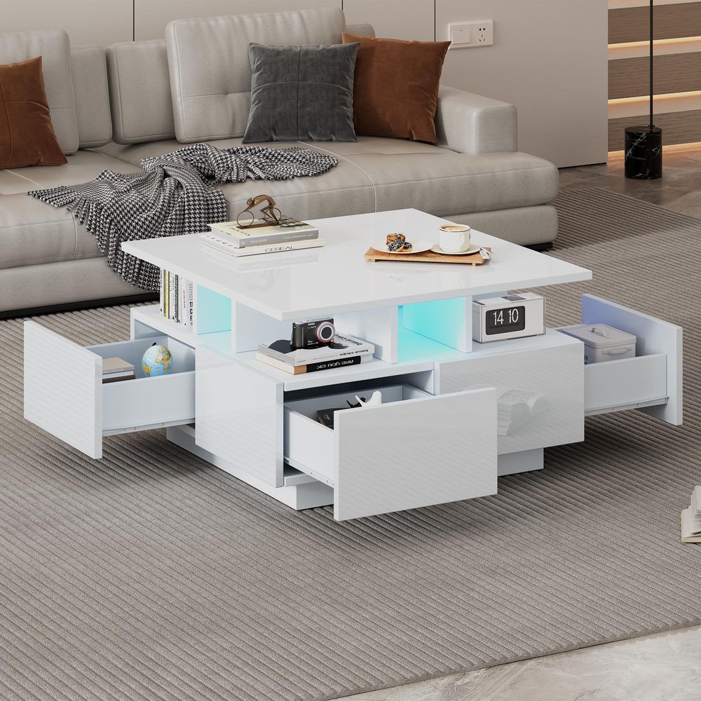 STILVORA 70×70×40cm Couchtisch hochglanz wohnzimmertisch sofatisch mit 4 schubladen,Beistelltisch mit LED, Gesamttragkraft 30kg