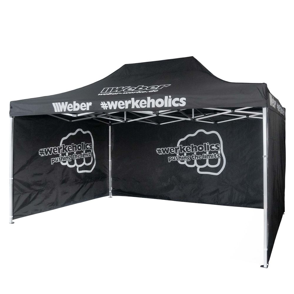 Weber-Werke Easy-Up Pavillon 3×4,5 m (Alu) inkl. 4 Seitenwände + Türöffnung | wetterfest & höhenverstellbar | tragbar + Tragetasche