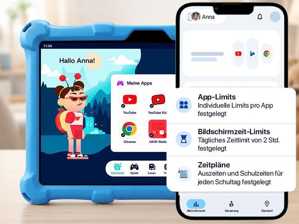 AngelTech Kindertablet XL - Android 13 - 3+4 GB RAM - 32+64 GB - Extra Groß - Elterliche Kontrolle - Fidgy Schutzhülle - 100% Kidsproof - Blau
