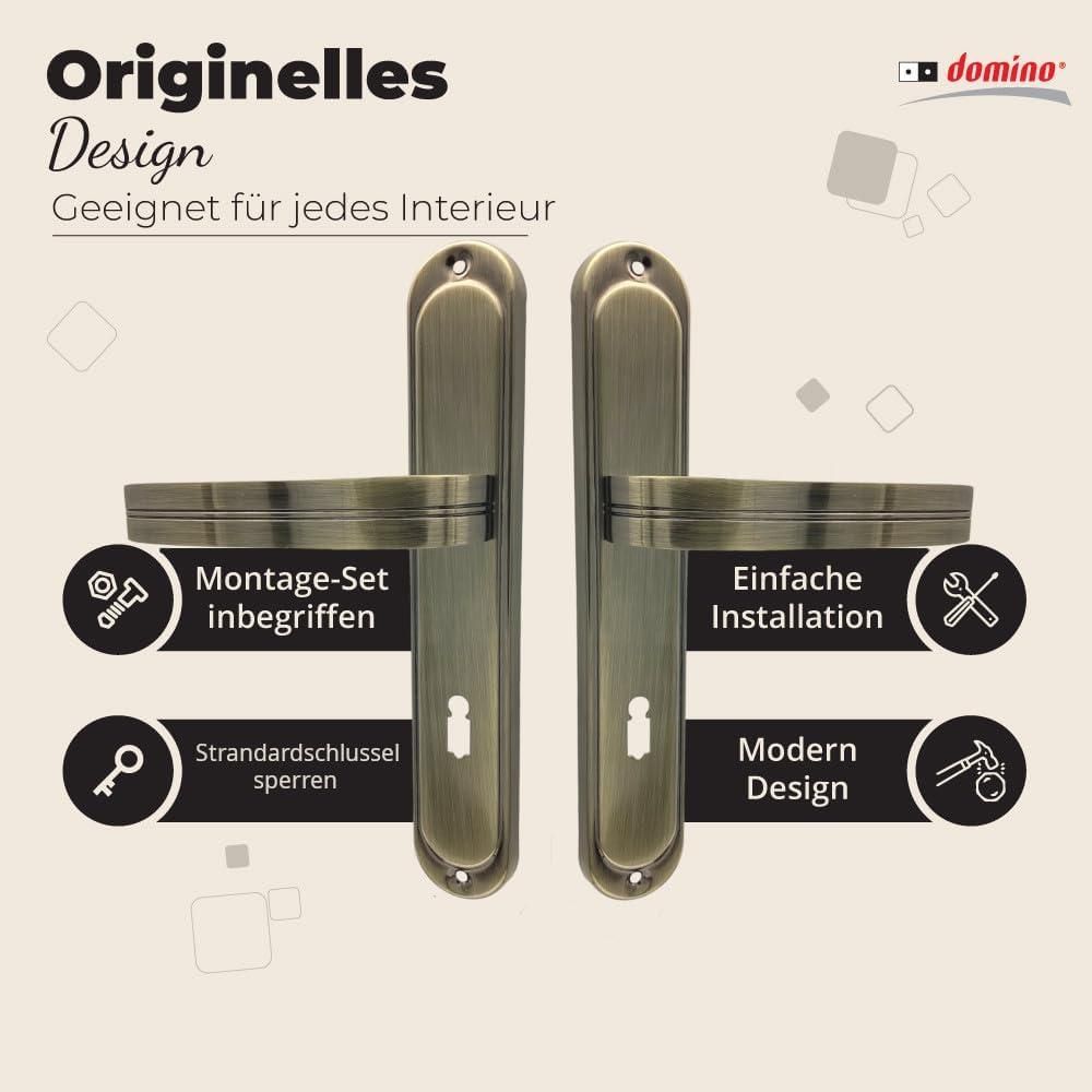 DOMINO Türgriff 72 Drückergarnitur BB-Buntbart Set | Langschildgarnitur | Türklinke für Zimmertür, Bürotür, Kellertür & Innentür | L-Form | Türbeschläge aus Aluminiuml | Bronze Türdrückergarnitur | DEKAN M3