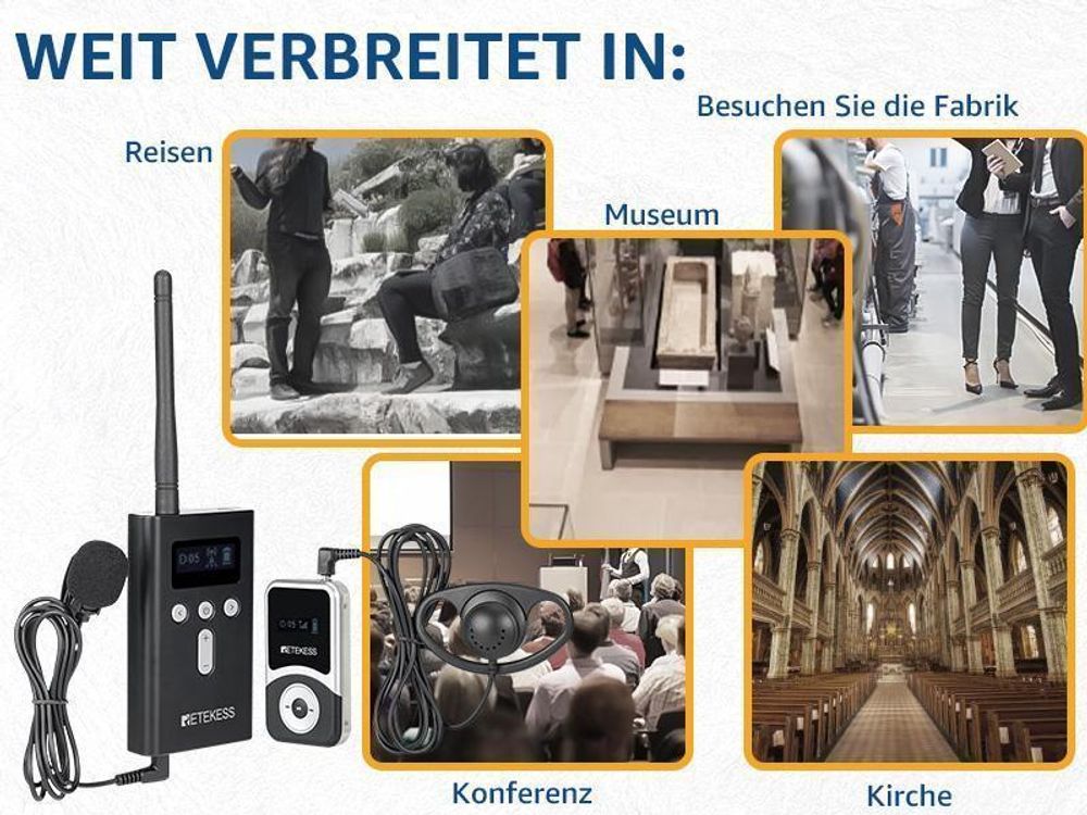 Retekess T130S Tour Guide System, 49 Kanäle, 100m, D-Kopfhörer, mit 64 Steckplätzen Ladebox für Tourismus, Schulungen (60 Empfänger), walkie talkie