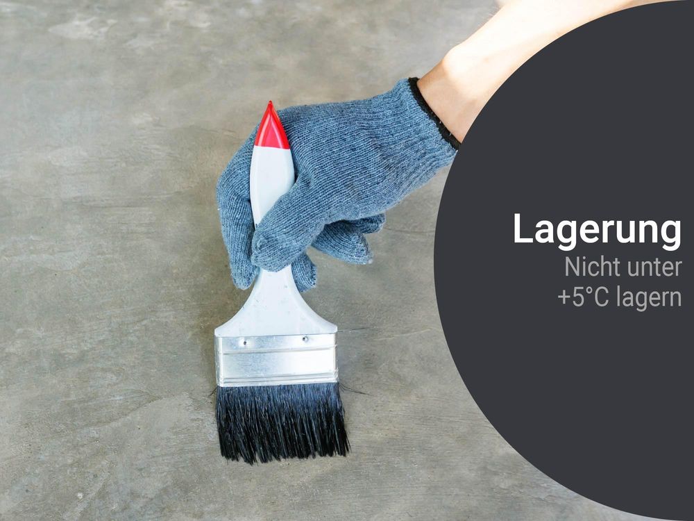 Lagerung: Produkte nicht unter +5°C aufbewahren, Pinsel auf Betonfläche als Symbolabbildung.