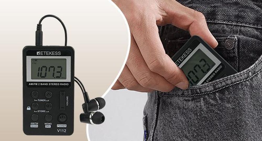 Retekess V112 Radio, mini Radio mit Kopfhörer, Batteriebetrieben, FM AM,Schlaftimer,Wiederaufladbar,LCD,500mAh Akku, für Laufen, Reisen, Angeln