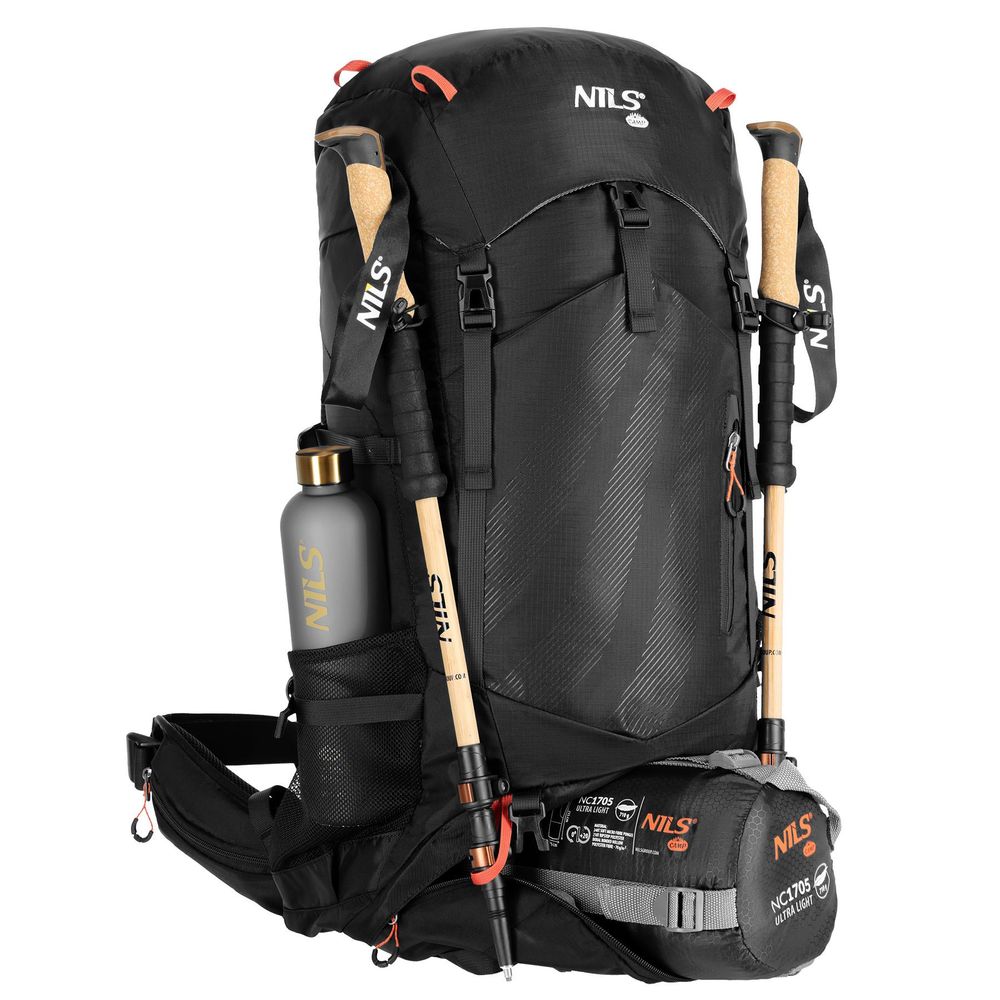 Nils Camp NC1992 Trekkingrucksack Nordkapp 65L schwarz wasserdicht Air-Flow-System mit Regenschutz