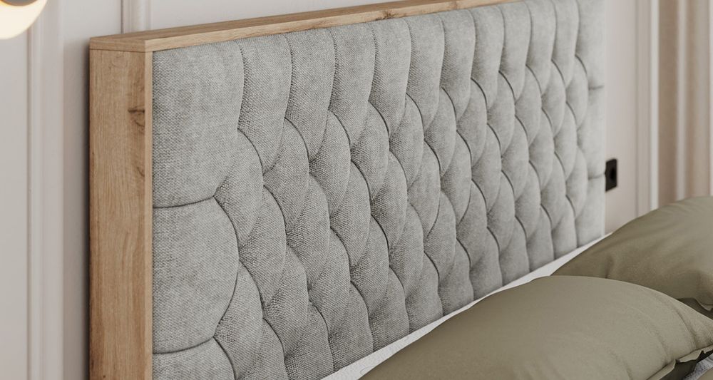 Vergrößern Sie das Kopfteil des Boxspringbettes, das Foto zeigt grau Stoff