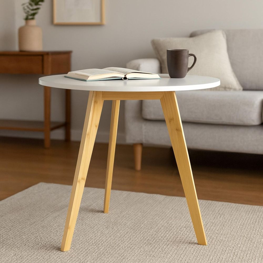 BEGRYF Runder Couchtisch 56x56 cm, Beistelltisch mit Bambusbeinen, kleiner Kaffeetisch weiß, moderner Wohnzimmertisch, moderner Sofatisch