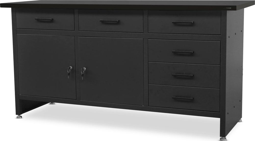 Werkbank mit Arbeitsplatte Werktisch mit 6 Schubladen 2 Schließfächer Verstellbare Füße MDF-Arbeitsplatte Belastbar bis 500 kg Metall 170 cm x 60 cm x 85 cm Farbe: Schwarz
